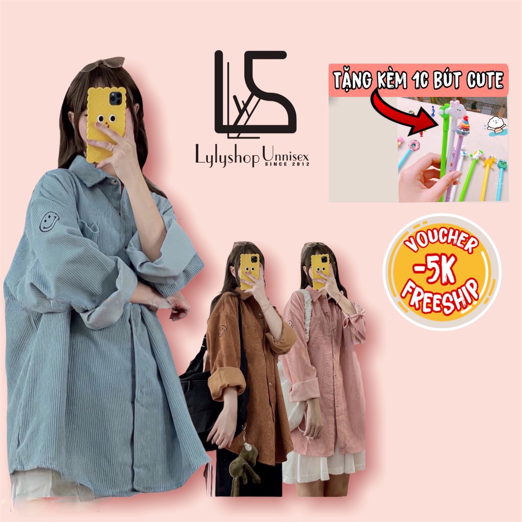 Áo sơ mi nhung tăm nữ LylyshopUnisex, kiểu áo sơ mi nữ oversize form rộng thêu hình mặt cười chất vải nhung tăm dày dặn