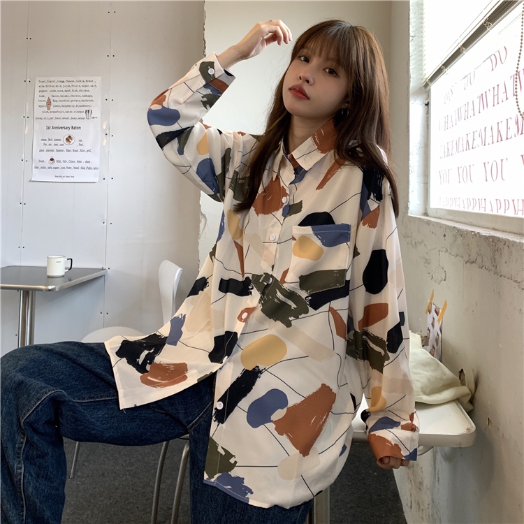 Áo Sơ Mi Dáng Rộng In Họa Tiết Đơn Giản Phong Cách Mùa Thu Mới Cho Nữ