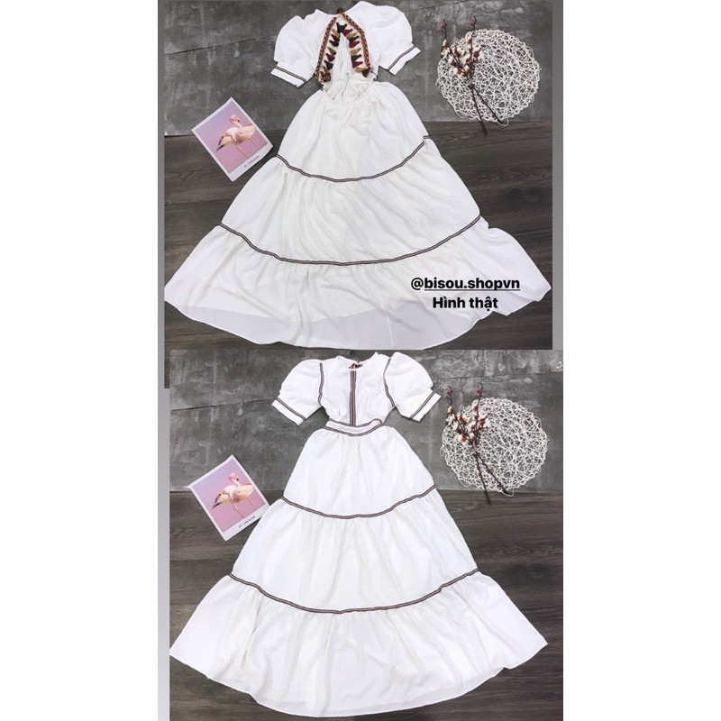 Đầm maxi đũi lụa thổ cẩm phối viền tay bồng hở lưng vintage, Váy tiệc xoè xịn retro du lịch chụp ảnh đẹp 3 MÀU HÌNH THẬT | BigBuy360 - bigbuy360.vn