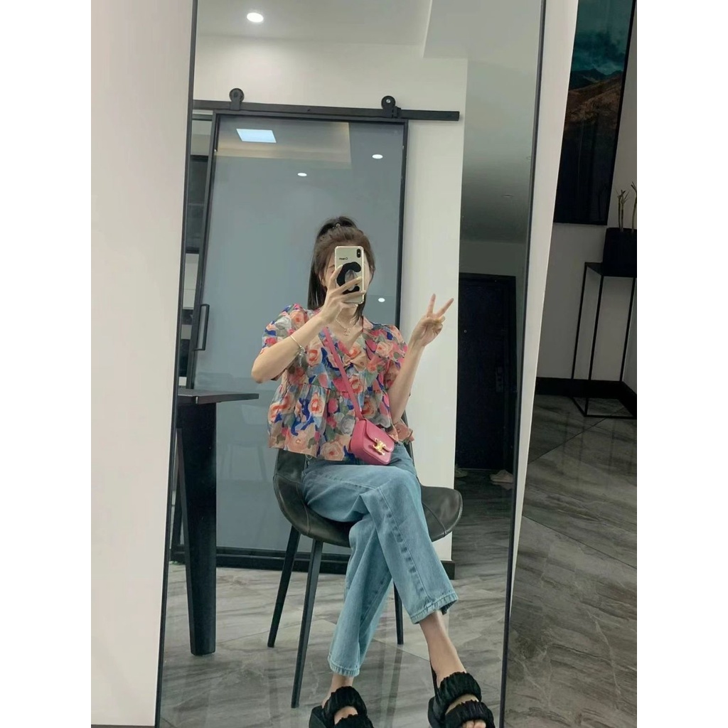 Áo Kiểu Nữ Cổ Chữ V Tay Phồng In Hoa Phong Cách Pháp Thời Trang