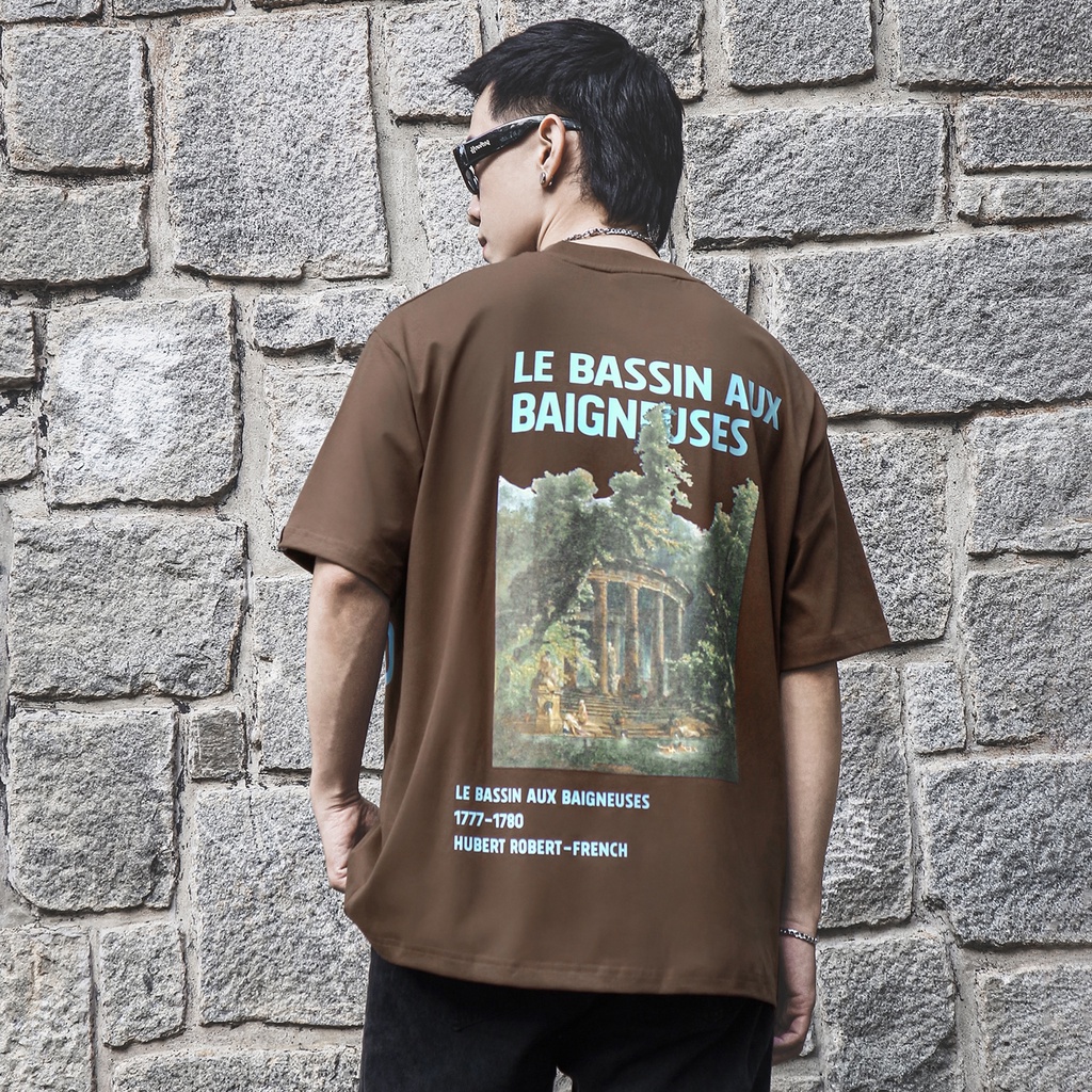 Áo Thun Màu Nâu In Hình Phong Cảnh Nghệ Thuật Chất Liệu 100% Cotton Form Rộng Thoải Mái Unisex Nam Nữ