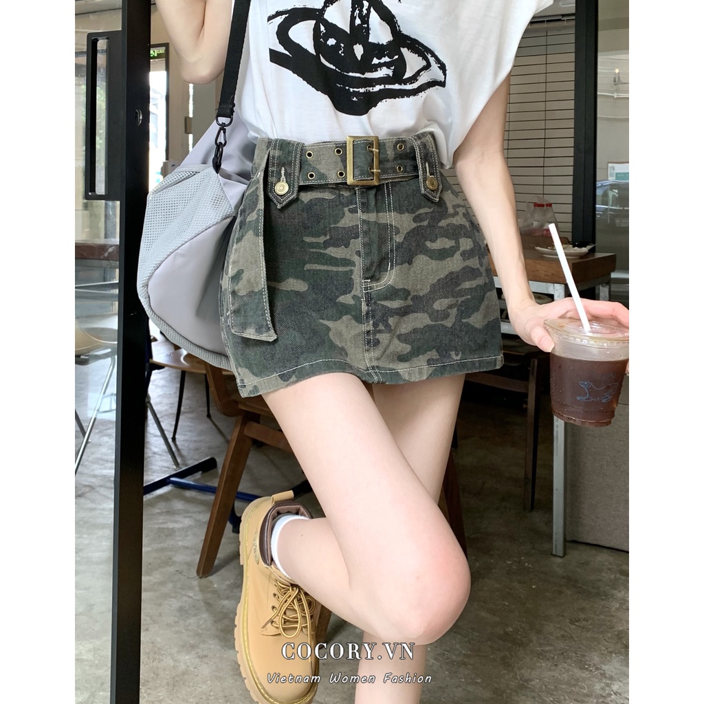 Cocory vn Chân váy jean Chữ A Lưng Cao Thời Trang Retro Cho Nữ