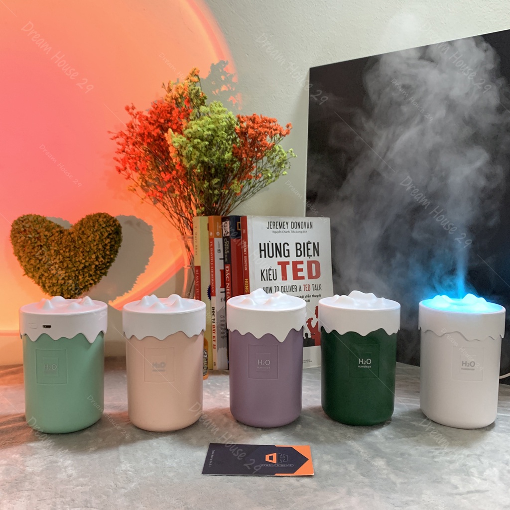 Máy phun sương hình ngôi nhà, đèn xông tinh dầu làm thơm phòng led rgb kèm quạt và đèn usb dung tích 350ml