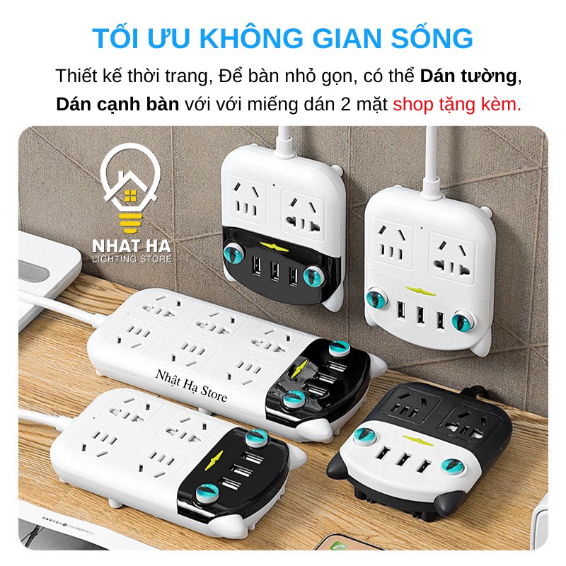 Ổ Cắm Điện Đa Năng Dán Tường Hình Mèo Cute OD-318, 3 Cổng USB Chống Giật Thông Minh Dây Dài 3m