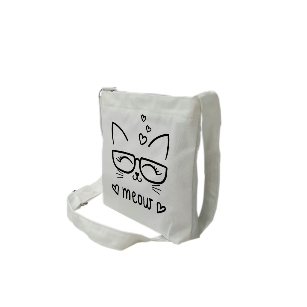 Túi tote mini đeo chéo vải canvas mềm, dày TROY in hình meow dễ thương