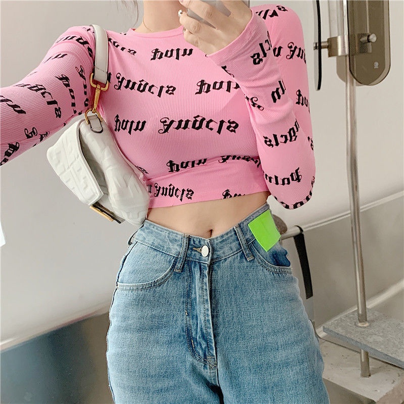 IELGY Áo Thun Lửng Tay Dài Dáng Ôm In Chữ Thời Trang Cho Nữ