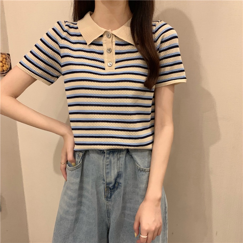 Áo thun ZHELIHANGFEI polo dệt kim tay ngắn kẻ sọc thời trang mùa hè dễ phối đồ cho nữ