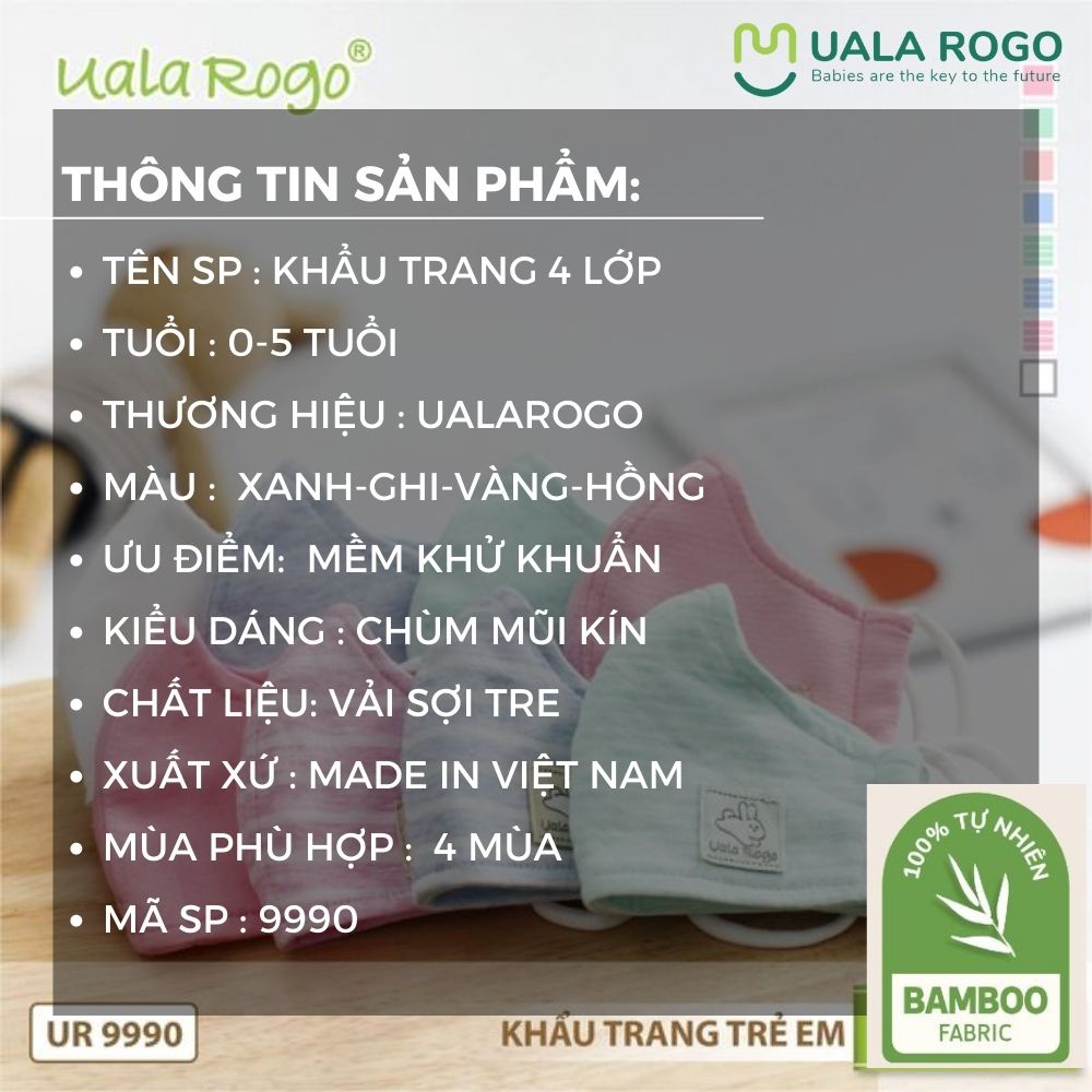 Khẩu trang vải cho bé Set 2c Ualarogo 4 lớp chống bụi mịn sợi tre Bamboo khử khuẩn bảo vệ sức khỏe