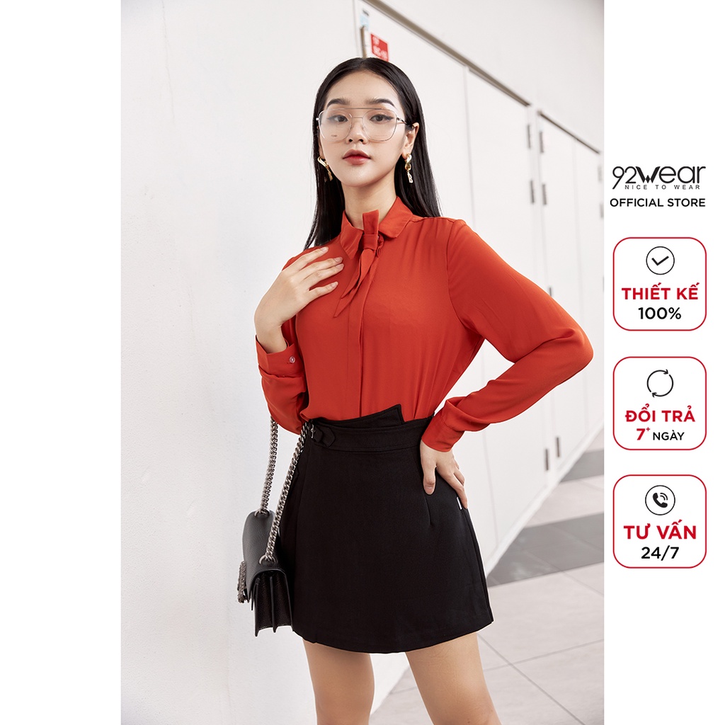 Áo sơ mi nữ kiểu dáng thanh lịch vải lụa dài tay có nơ ASW0624 - 92WEAR