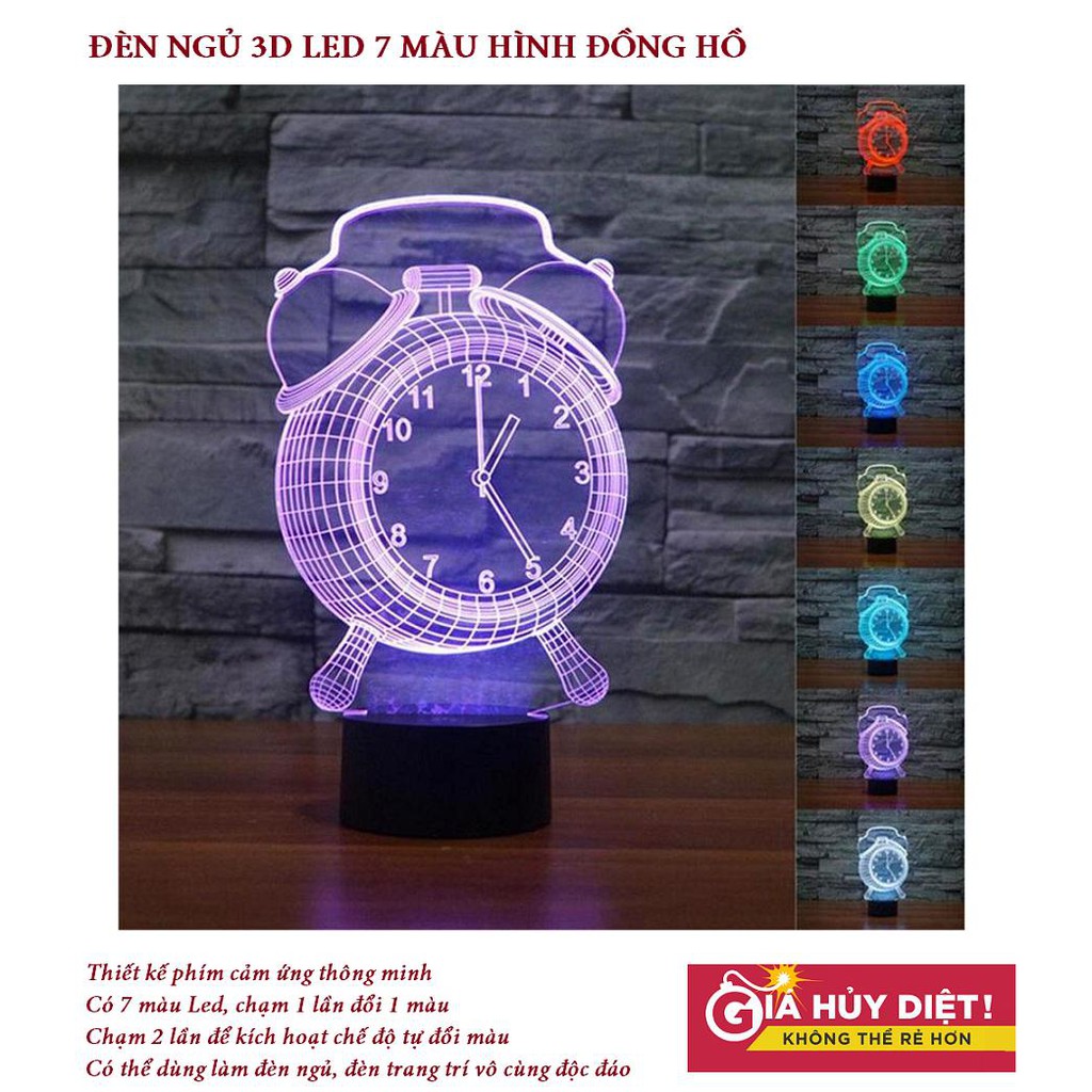 Sale Đèn ngủ 3d,Đèn Ngủ 3D Led 7 Màu Hình Đồng Hồ Công Nghệ Mới  - Bảo hành 1 đổi 1