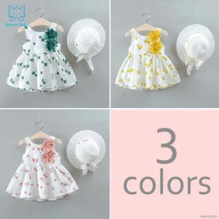 2Pcs Baby Girls Dress Sets Kids Cherry Floral Pattern Sleeveless Dresses Casual Dress