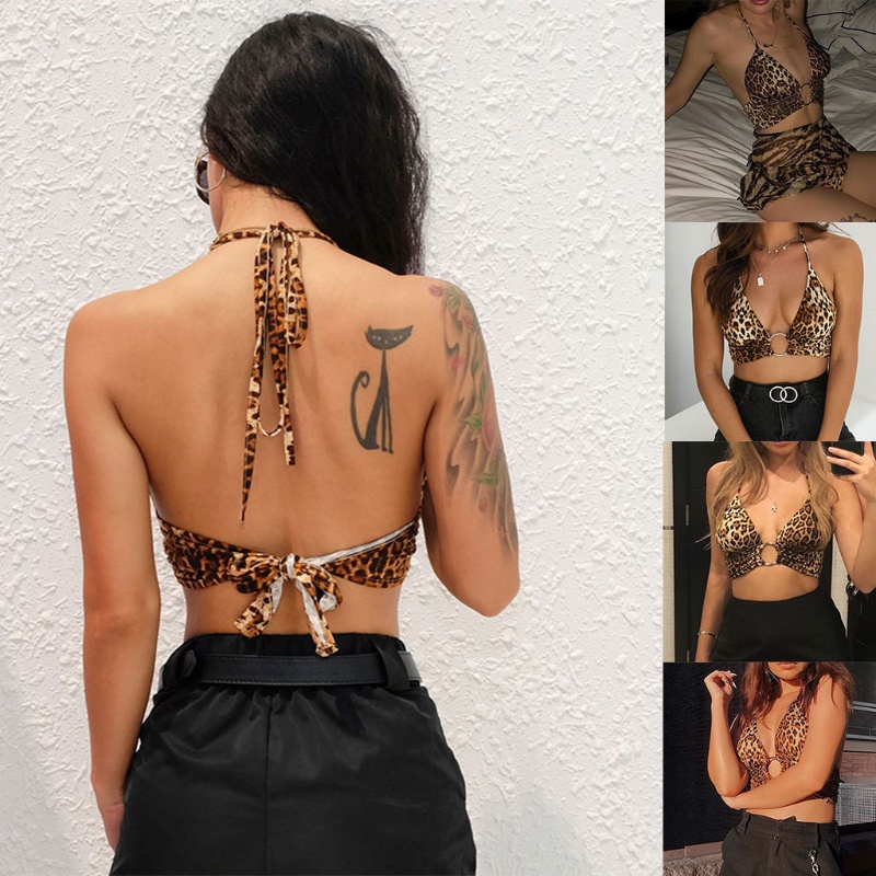 Xiangbao Áo Croptop Thắt Nơ Hở Lưng Cổ Chữ V Khoét Sâu In Họa Tiết Da Báo Vintage Quyến Rũ Cho Nữ Sl
