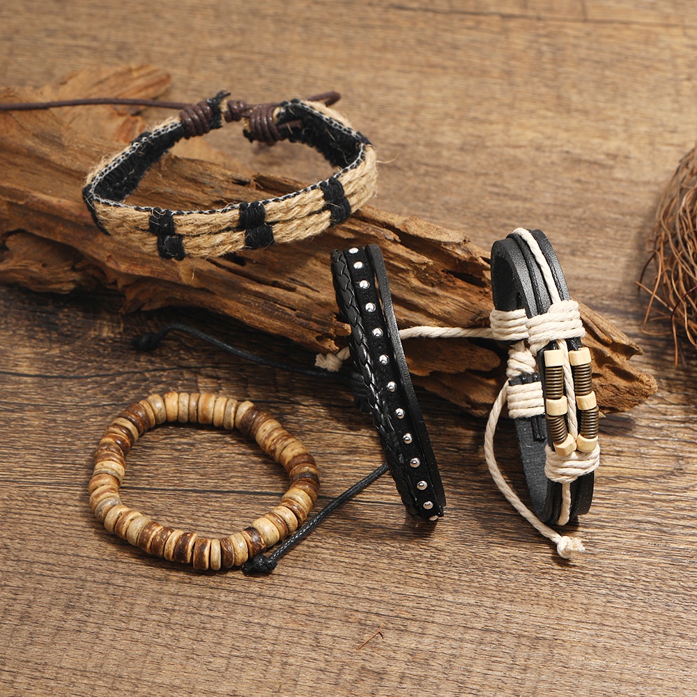 Bộ 4 Vòng Tay Da Bện Nhiều Lớp Đính Hạt Gỗ Thời Trang Cho Nam Nữ