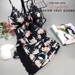 set lụa ngủ hoa đen/trắng cao cấp