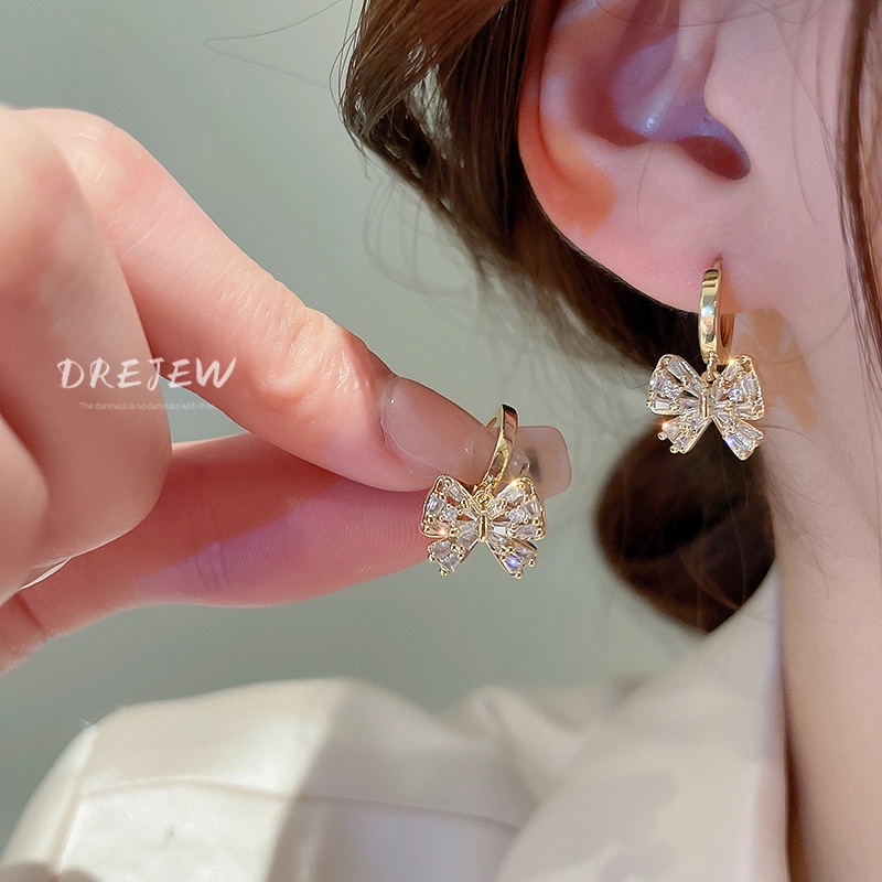 DREJEW Khuyên Tai Mạ Vàng Thật Đính Đá Zircon Phong Cách Hàn Quốc Thời Trang Chất Lượng Cao