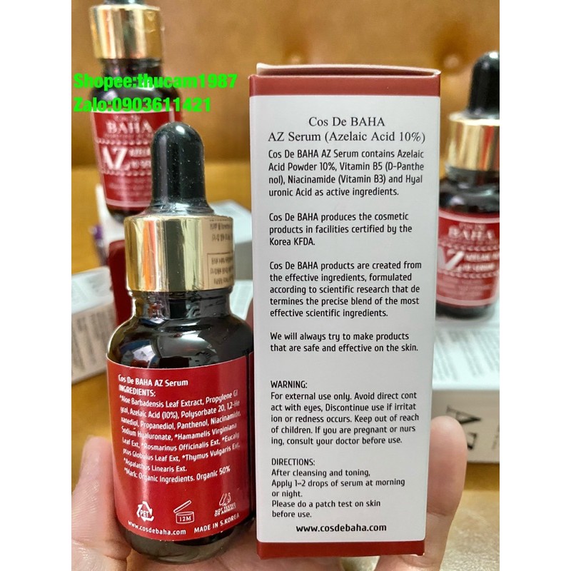 Serum trắng da, ngừa mụn Cos De BAHA Azelaic Acid 10% ,Hyaluronic Acid, Niacinamide, Panthenol 30ml.