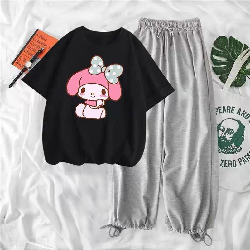 Sét Áo Thỏ hồng + quần bom chun, Áo thun from rộng, Chất đẹp không xù, quần suông ống rộng, Sét bộ mặc ở nhà - MODY