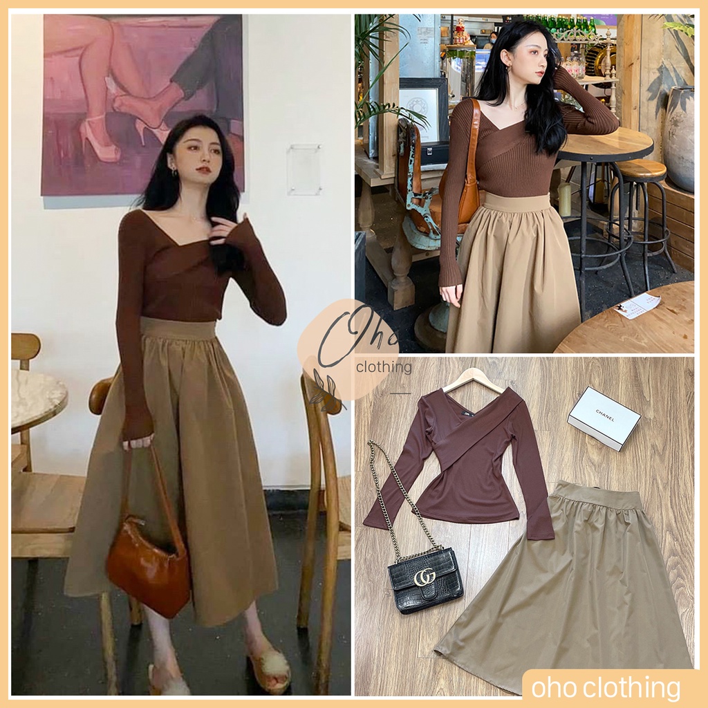Set Đồ Nữ Ulzzang, Áo Len Tăm Tay Dài Phối Chân Váy Chữ A Công Sở Đi Học Thu Đông Thanh Lịch OHO CLOTHING