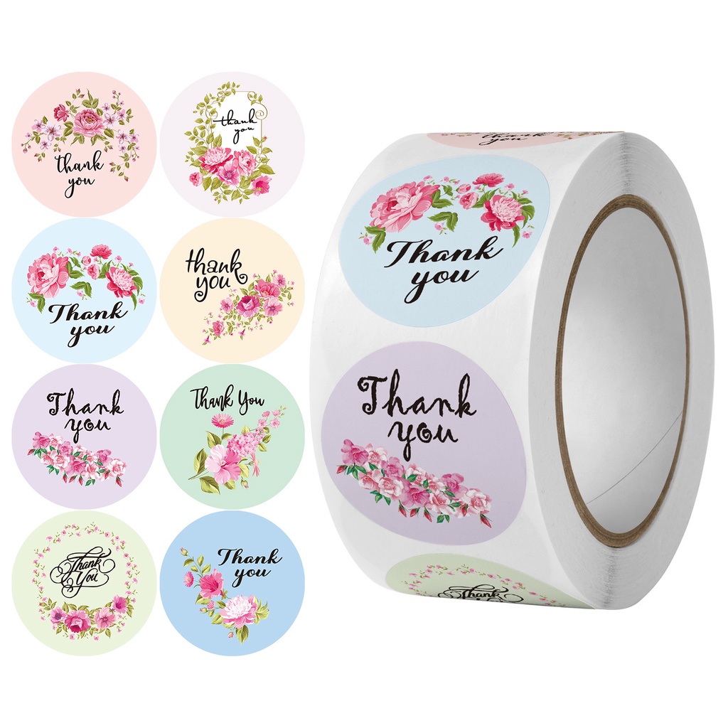 Cuộn 500 tem dán Sticker mix 8 mẫu hoa  - Tem cảm ơn mix 8 kiểu hoa