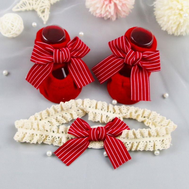 Bộ 2 Đôi Vớ Cotton Chống Trượt Đính Nơ Đỏ Dễ Thương Cho Bé