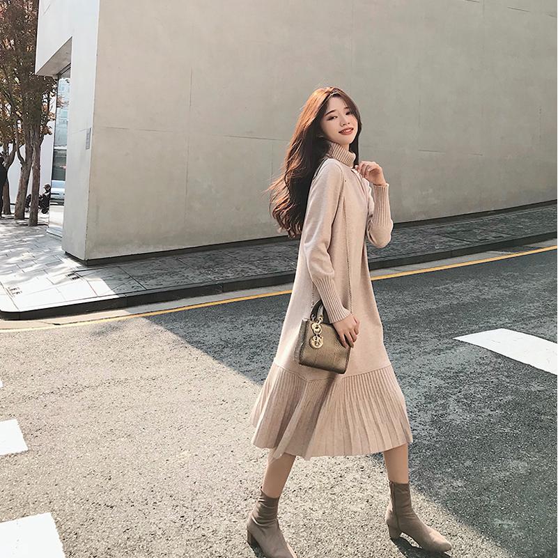 Đầm dệt kim mỏng cổ cao thời trang mùa thu thanh lịch