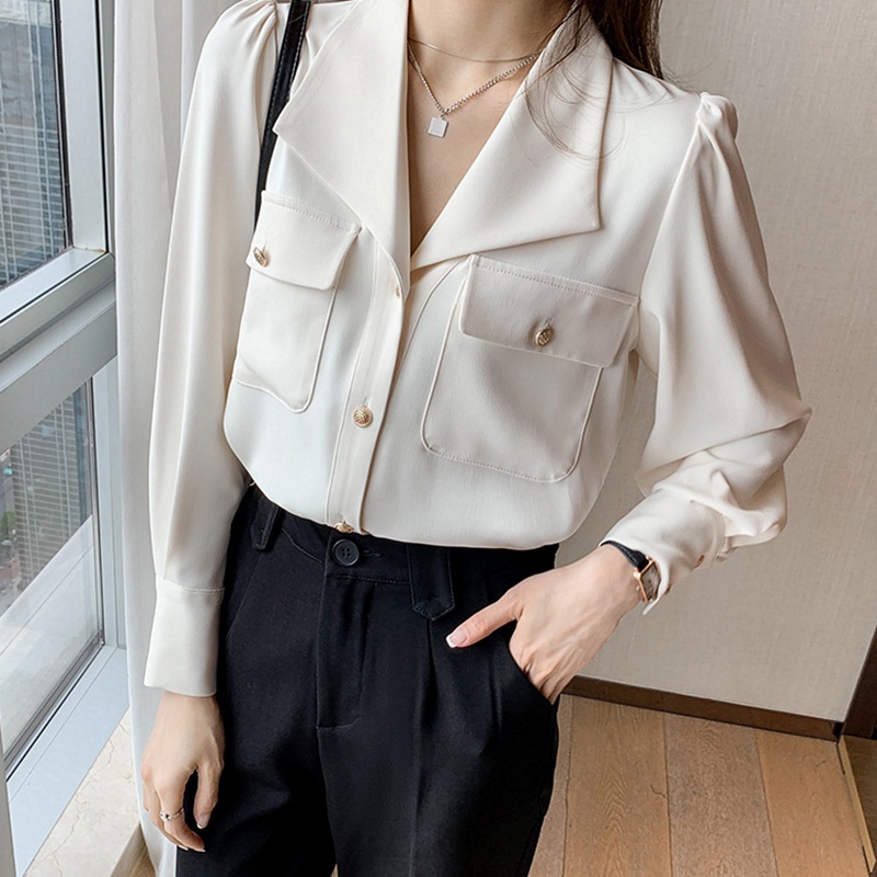 Áo sơ mi IELGY màu trắng tay dài cổ chữ v thời trang thanh lịch cho nữ