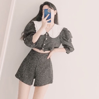 SET ÁO DẠ XÁM CỔ SEN TRẮNG BÈO + QUẦN SHORT XÁM MUỐI TIÊU ANGI HOME