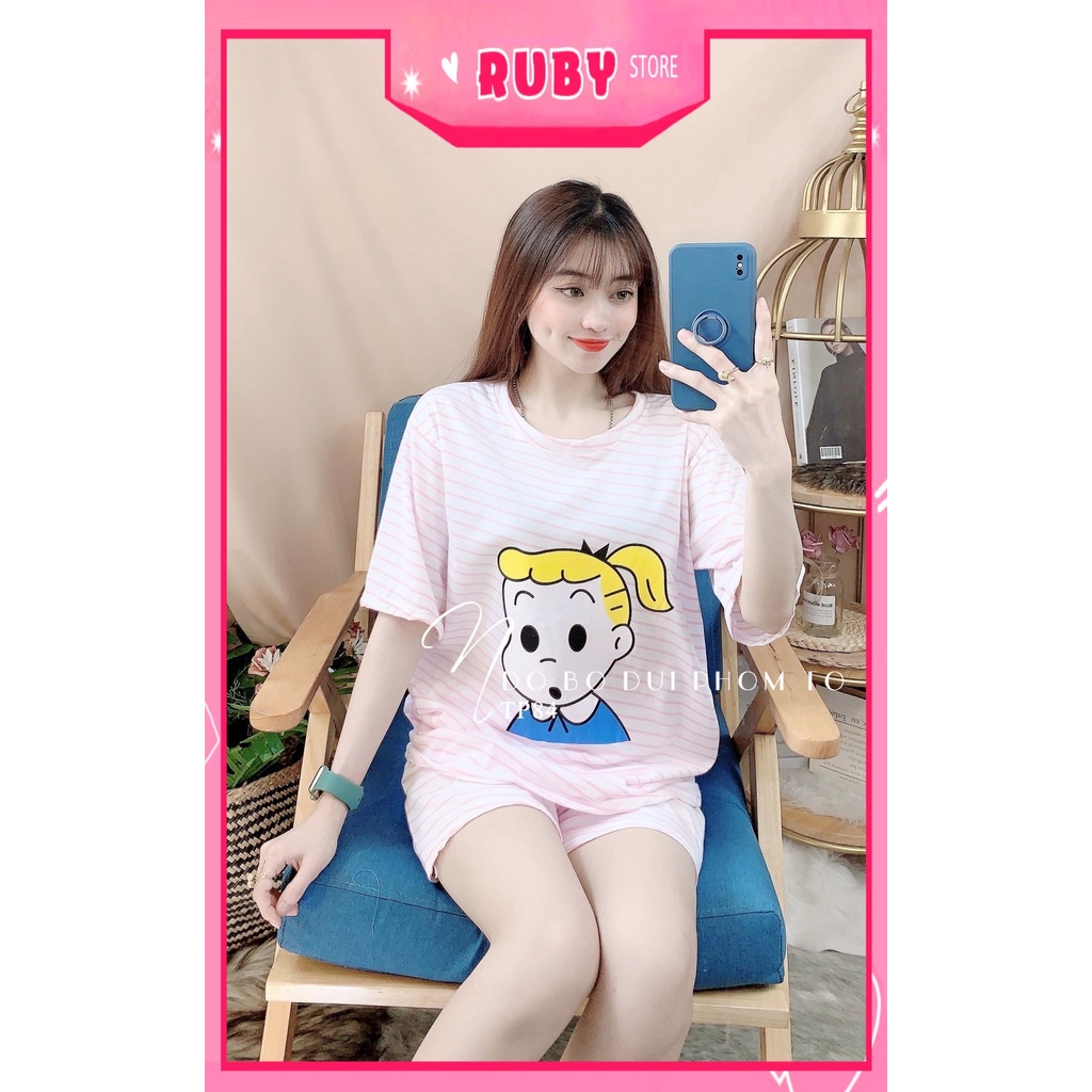 Đồ bộ nữ mặc nhà phom to chất thun mềm mát phối sọc in hoạt hình dễ thương TP84