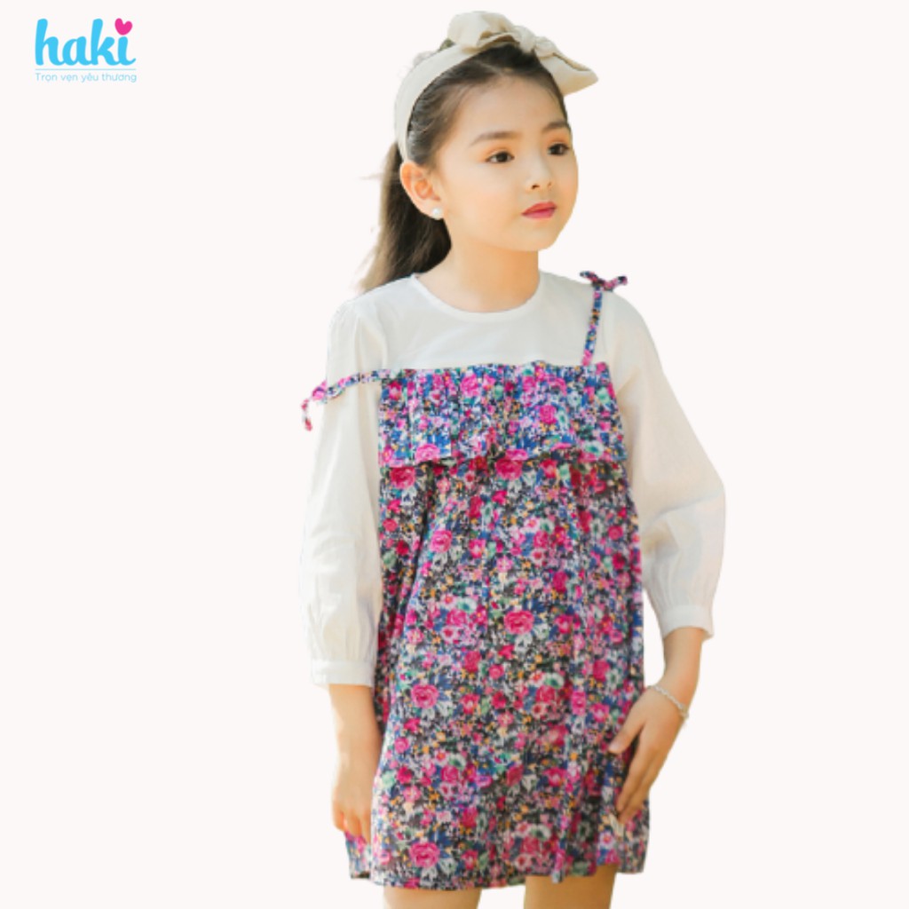 Váy bé gái hoa nhí phối tay trắng hai dây HK488; đầm thiết kế cho bé 1-8y Haki