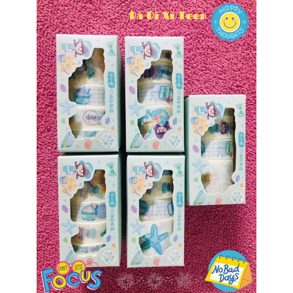 [SALE] Hộp 5 cuộn băng keo nhãn dán washi tap cao cấp [RINH LÀ CÓ QUÀ] trang trí mọi nơi siêu cute