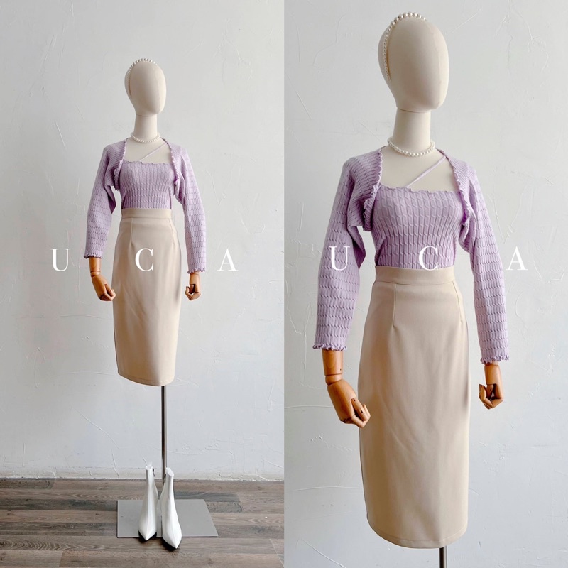 Áo set thun tím: 2 dây bo chun nhăn, khoác mỏng tay dài cùng màu