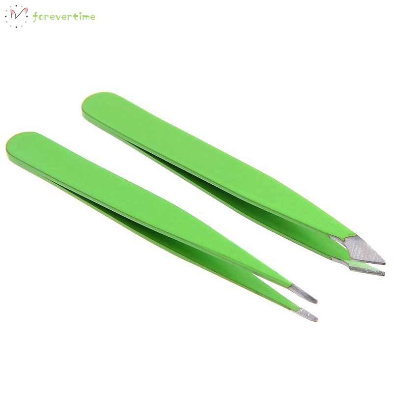 #Trang điểm# 2Pcs New Proffesional Sanitary Stainless Steel Slant Tip Hair Removal Eyebrow Tweezer