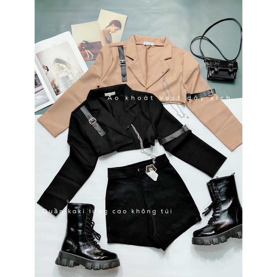 Áo khoác vest dây xích nữ tay dài dáng ngắn croptop minstore24h