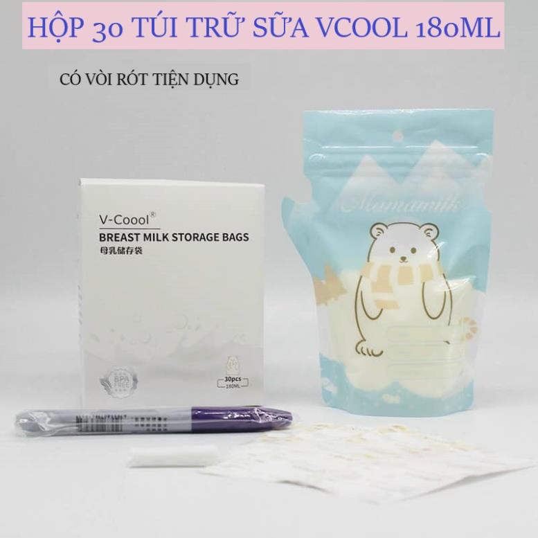 Túi Trữ Sữa Vcool Cao Cấp Hộp 30 Túi 180ml, Có Vòi Rót Tiện Lợi Babibu - TTSV