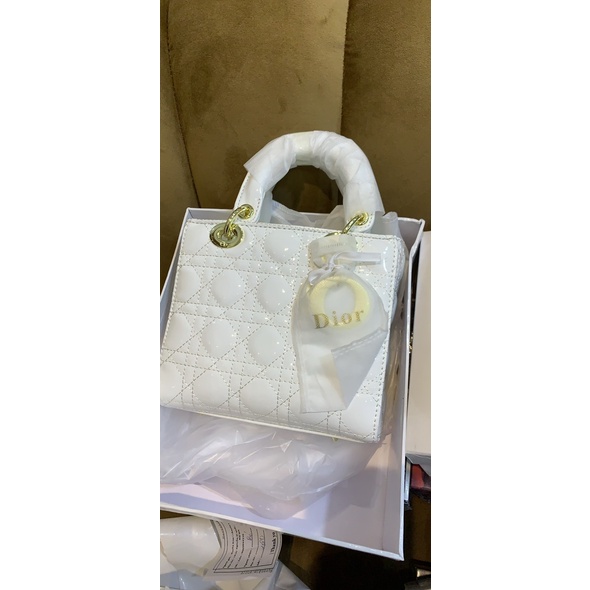 Túi Dior fullbox, túi vải hãng bản da bóng tag vàng size 20