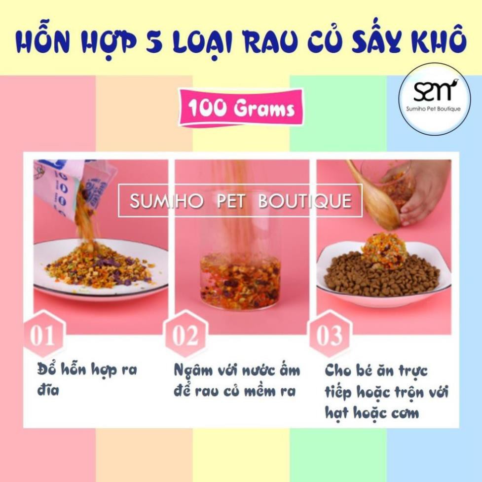 Rau củ sấy khô cho chó mèo (Khoai, bắp cải, bí đỏ, cà rốt, bông cải) dùng trộn cơm hoặc hạt