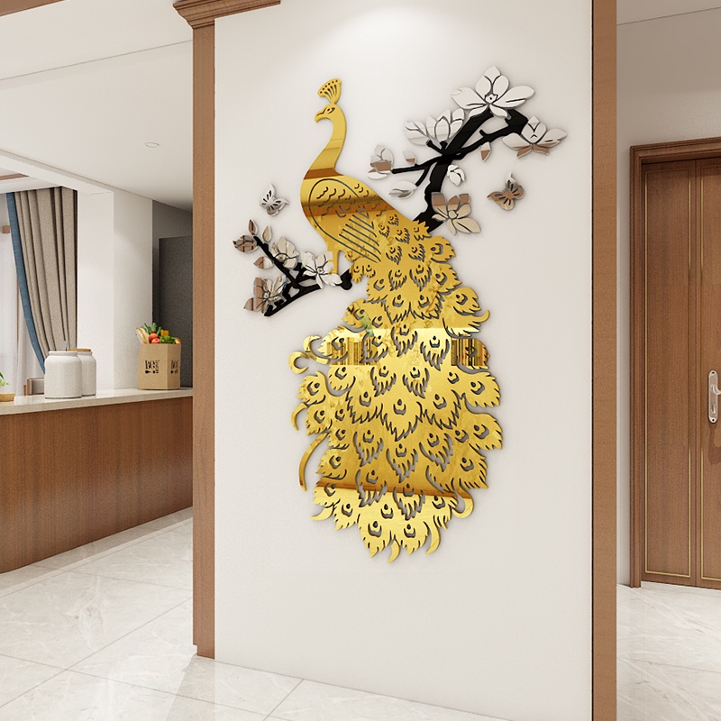 Miếng Dán Tường Trang Trí Hình Chim Công 3D Bằng Acrylic Tự Dính Kiểu Trung Hoa