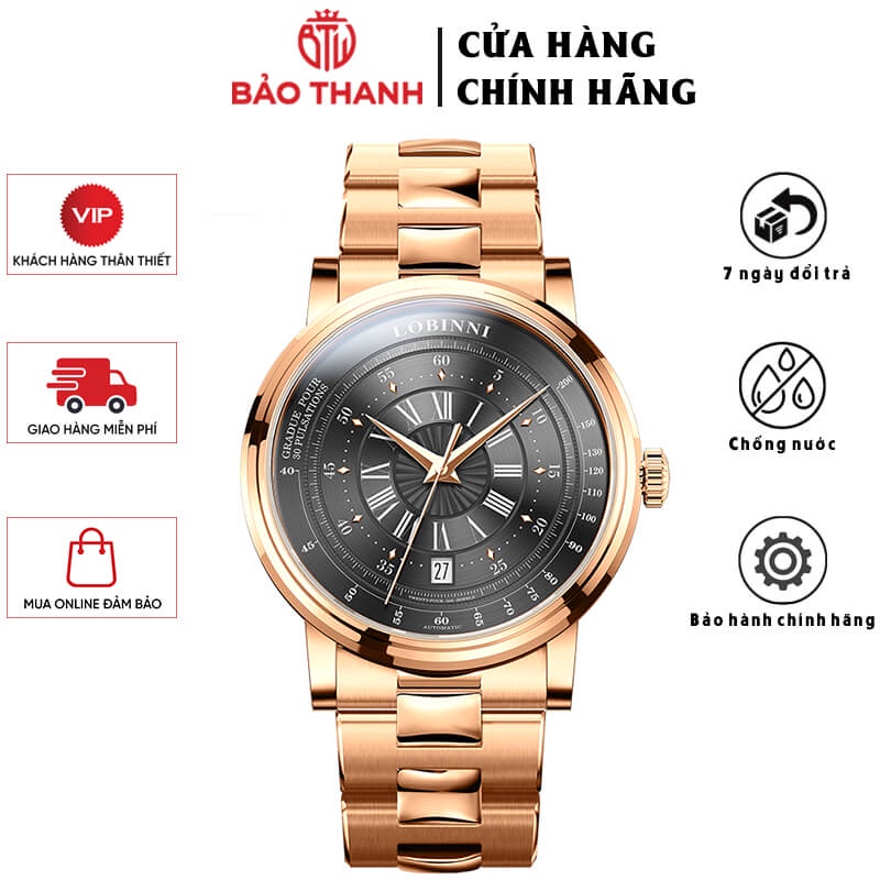 Đồng Hồ Nam LOBINNI No.1018-5 Chính Hãng BH 24T Chịu Nước 50m Kính Chống Xước Dây Thép Không Gỉ (Máy Cơ Tự Động)