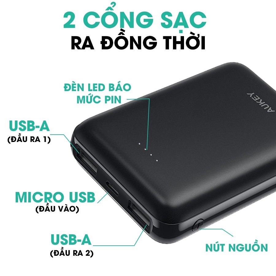 Pin sạc dự phòng AUKEY PBN66 10000mAh 02 Cổng Sạc AiPower 12W