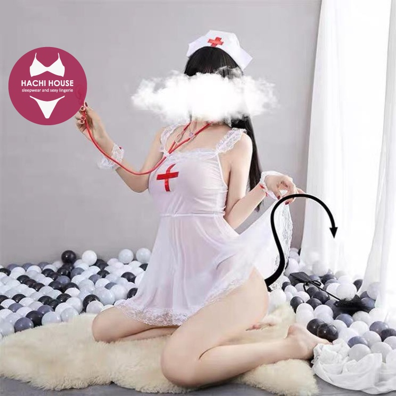 Bộ đồ cosplay sexy nữ ý tá váy trắng gợi cảm quyến rũ tặng kèm quần chip