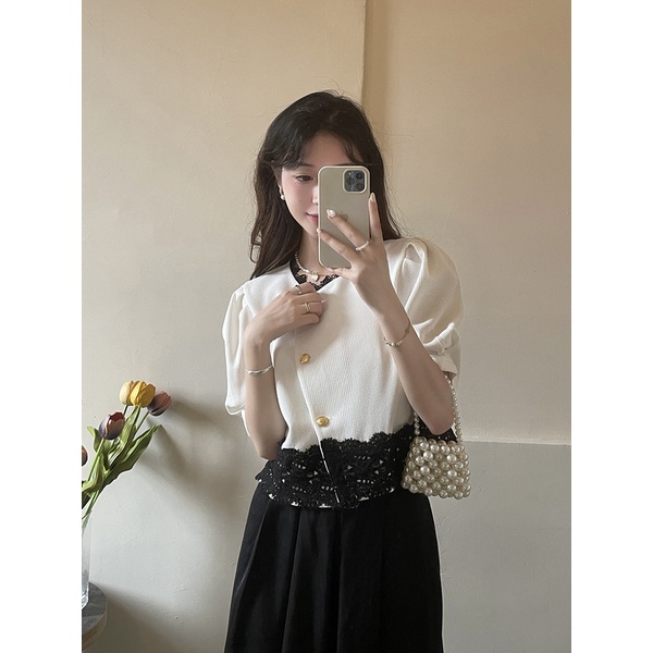 Áo croptop NZN tay ngắn phối ren hoa phong cách Hàn Quốc hợp thời trang (2 màu lựa chọn)