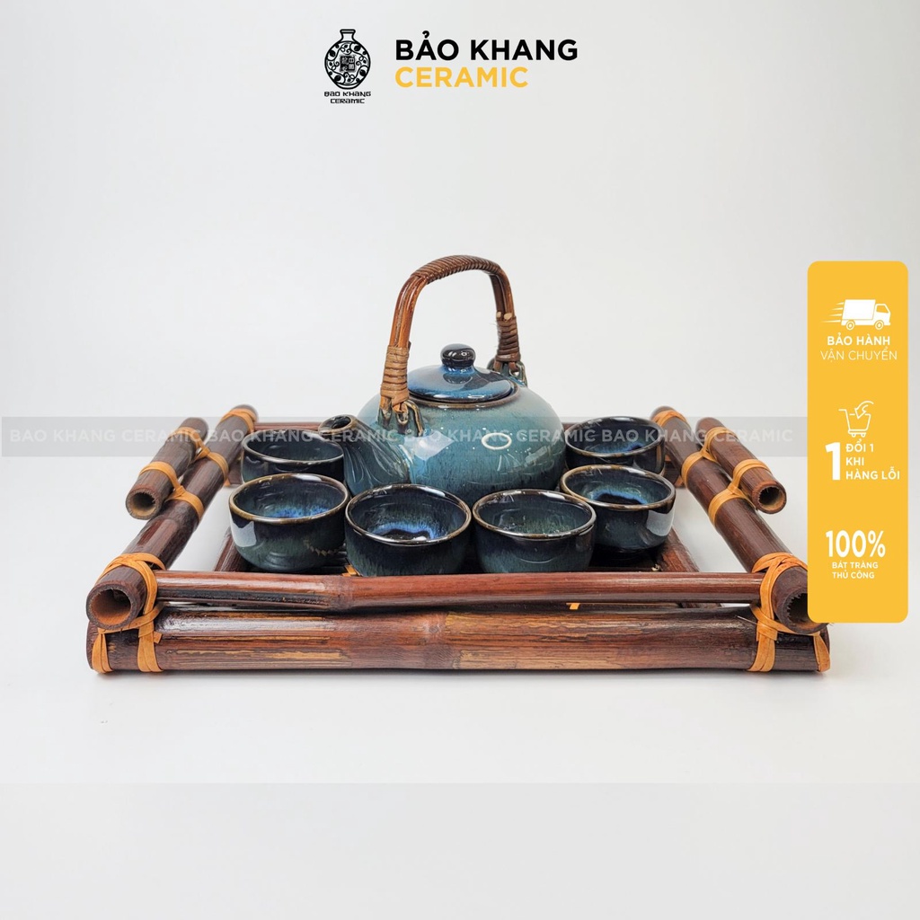 Bộ ấm chén uống trà - bộ ấm chén men hỏa biến cao cấp kèm khay trà bằng tre hàng xuất khẩu Gốm Sứ Bát Tràng