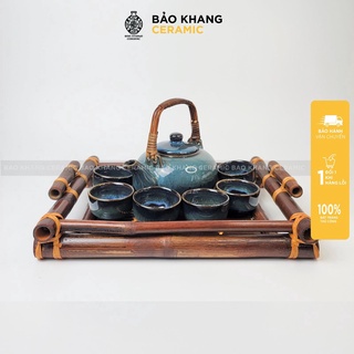 Bộ ấm chén uống trà - bộ ấm chén men hỏa biến cao cấp kèm khay trà bằng tre Gốm Sứ Bát Tràng