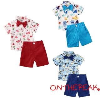 ❣Đầu☞Set Áo Sơ Mi Hoạt Hình Đính Nơ & Quần Short Lưng Thun Cho Bé Trai