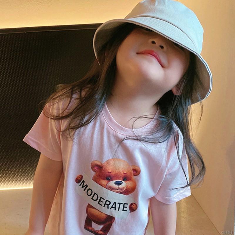 Áo thun vải cotton tay ngắn cổ tròn in hình gấu hoạt hình phong cách mùa hè dễ phối đồ cho bé gái