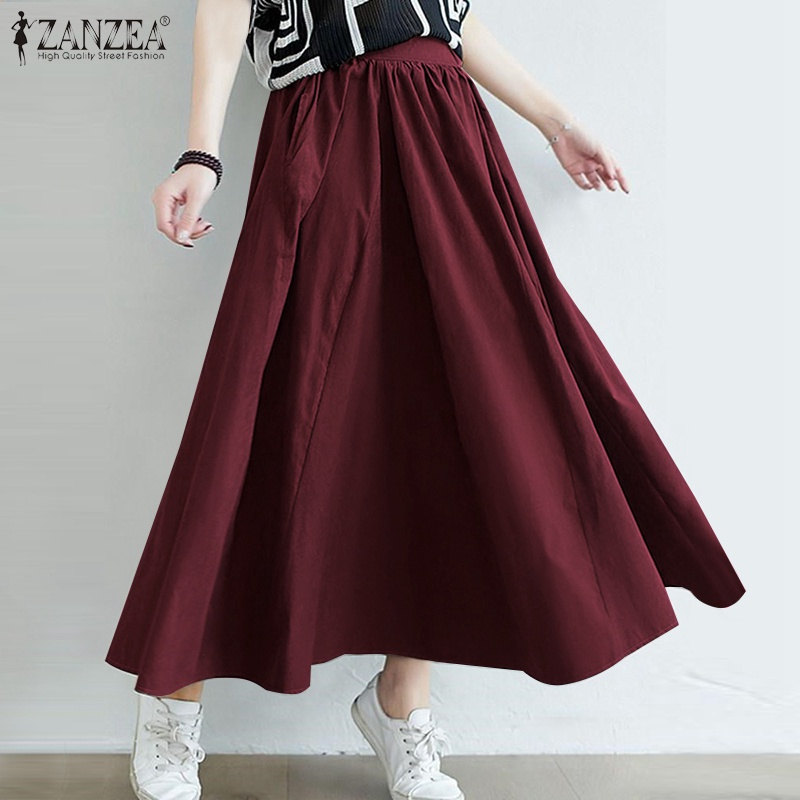 Chân váy dài ZANZEA lưng co giãn màu trơn phong cách Hàn Quốc retro cho nữ