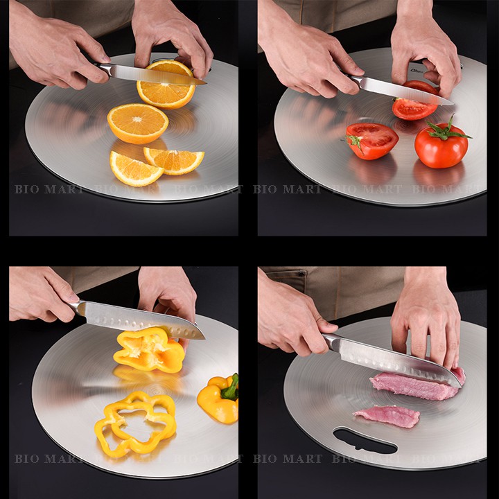 Thớt INOX304 tròn kháng khuẩn cao cấp - Rã đông tốt, chống gỉ sét, chống vi khuẩn, dễ dàng vệ sinh [Dày 0,3cm] – BIO128