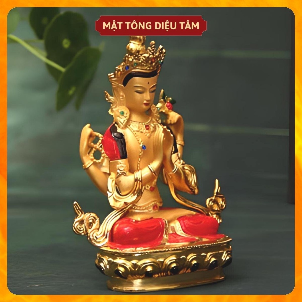 Tượng phật quan âm tứ thủ thờ cúng mật tông , tượng phật để ô tô mẫu QA màu 14,5cmvẽ tay Tây Tạng