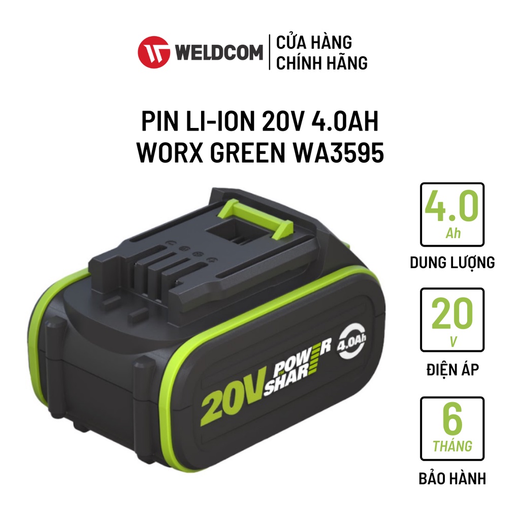 Pin Li-ion 20V 4.0Ah WORX GREEN WA3595  Chống Rung Có Đèn Led Chính Hãng