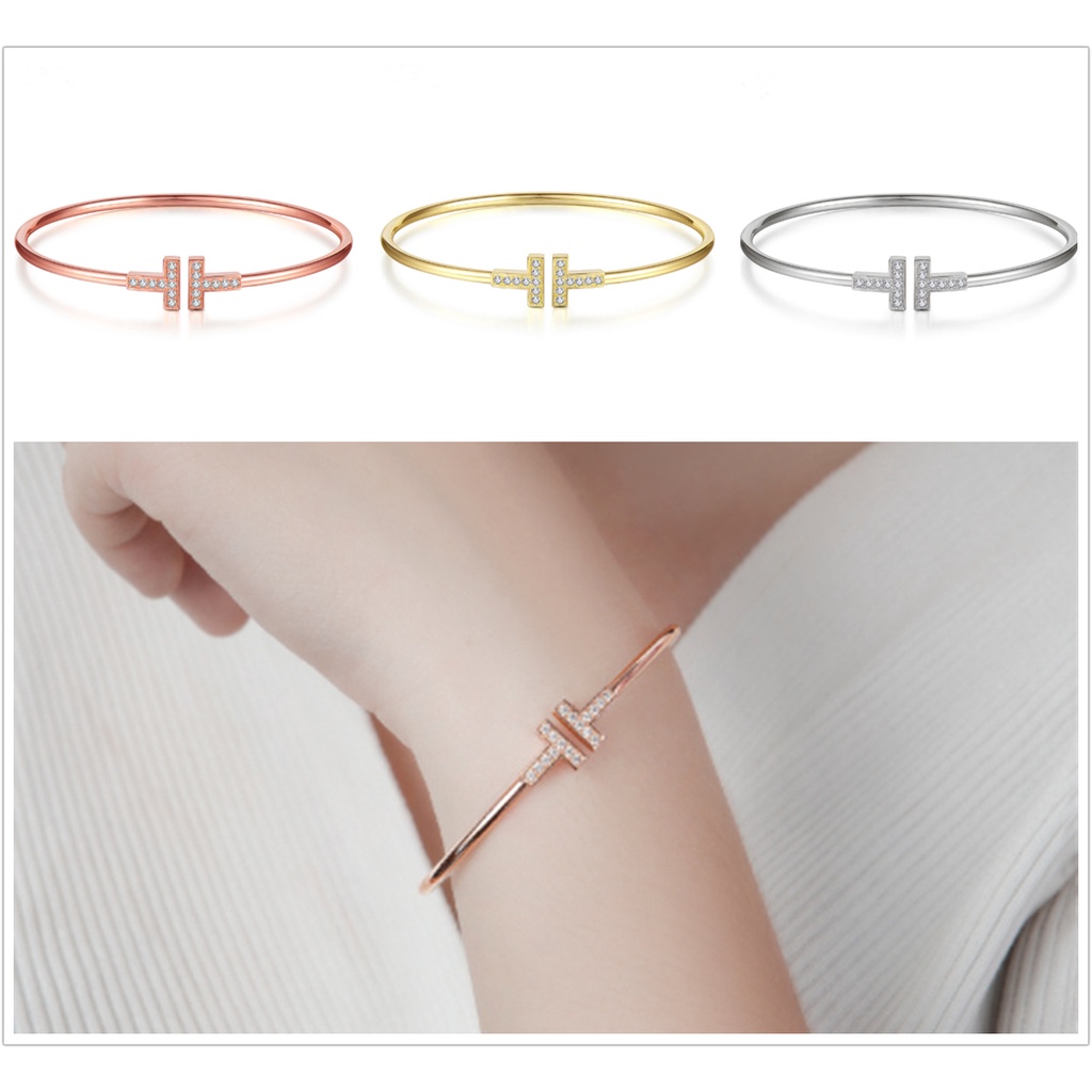 Vòng đeo tay mạ vàng 18K hình chữ T đính đá 3 màu sắc